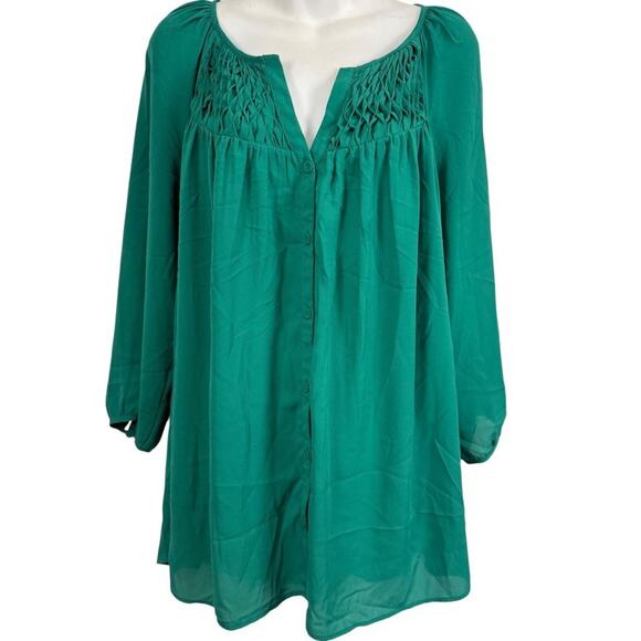 Daniel Rainn Womens Emerald Green Blouse Smocked Button Up Top Shirt sz 1X - Picture 1 of 16